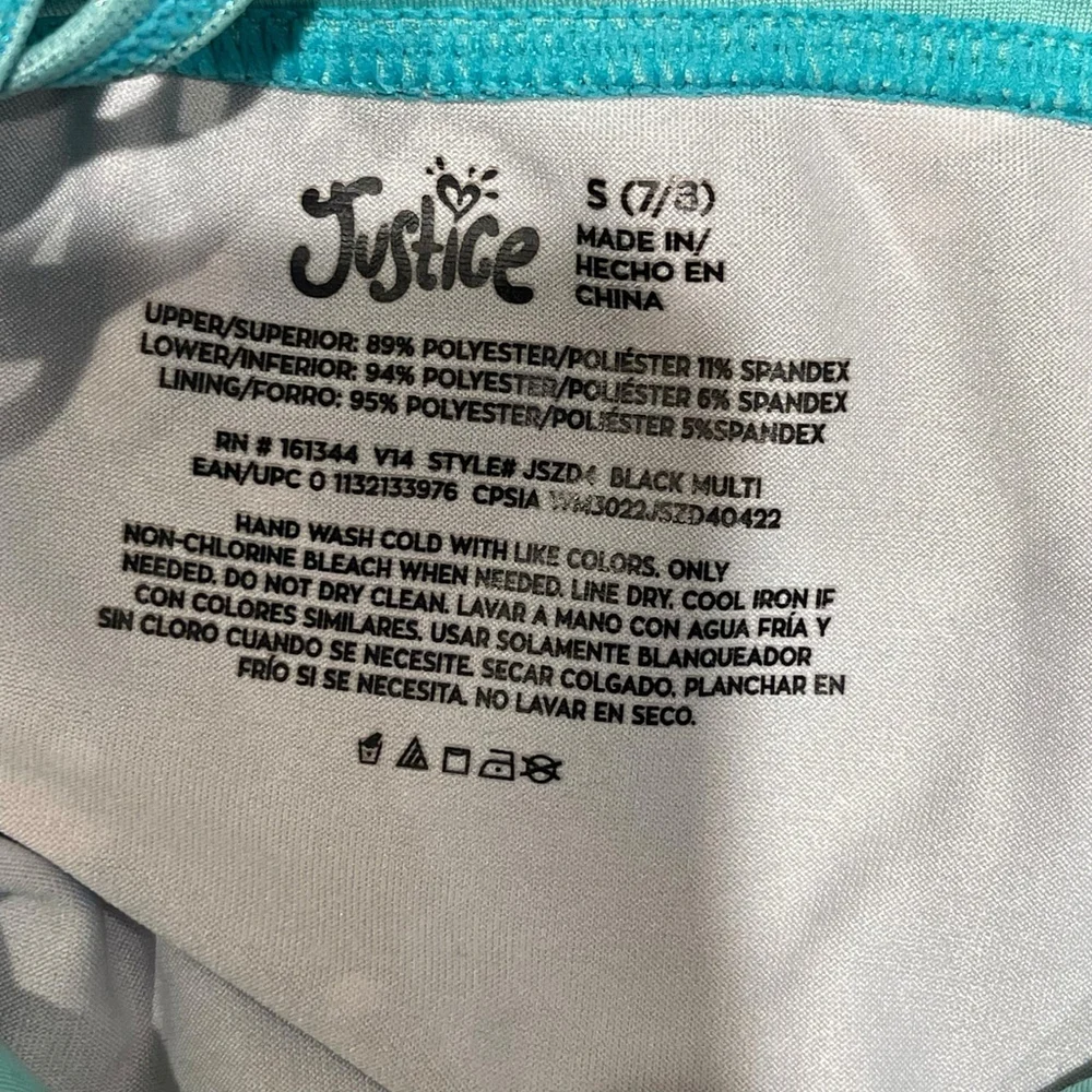 Justice‎ Girls One Piece Dance Leotard Swimsuit Shimmery Blue Black Splatter 7/8